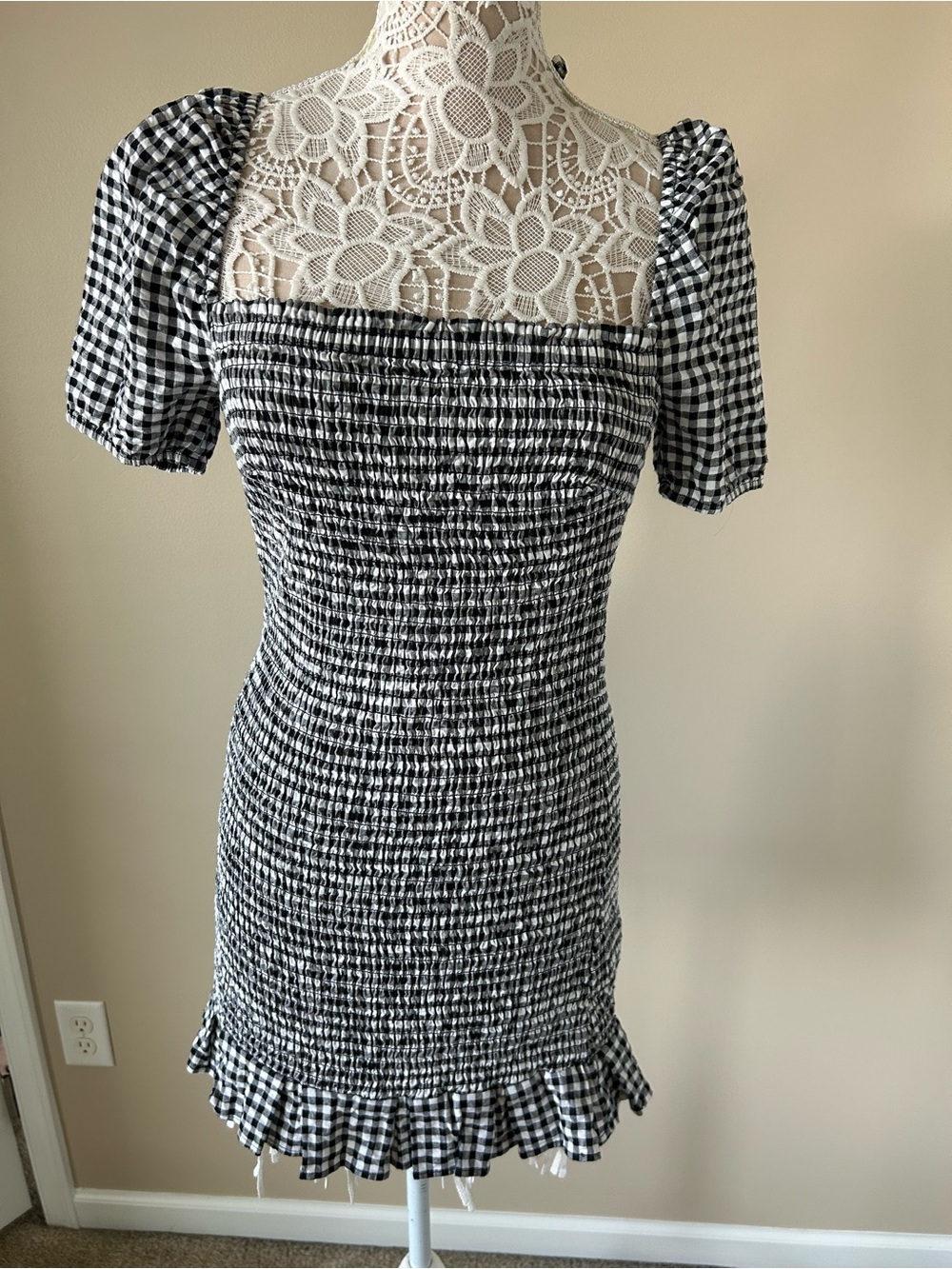 Guess Black and White Gingham Smocked Mini Dress